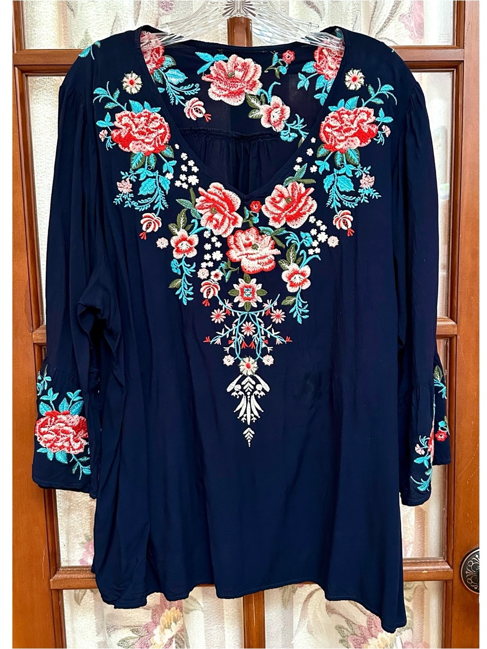 Embroidered Floral Boho Top - Dark Blue